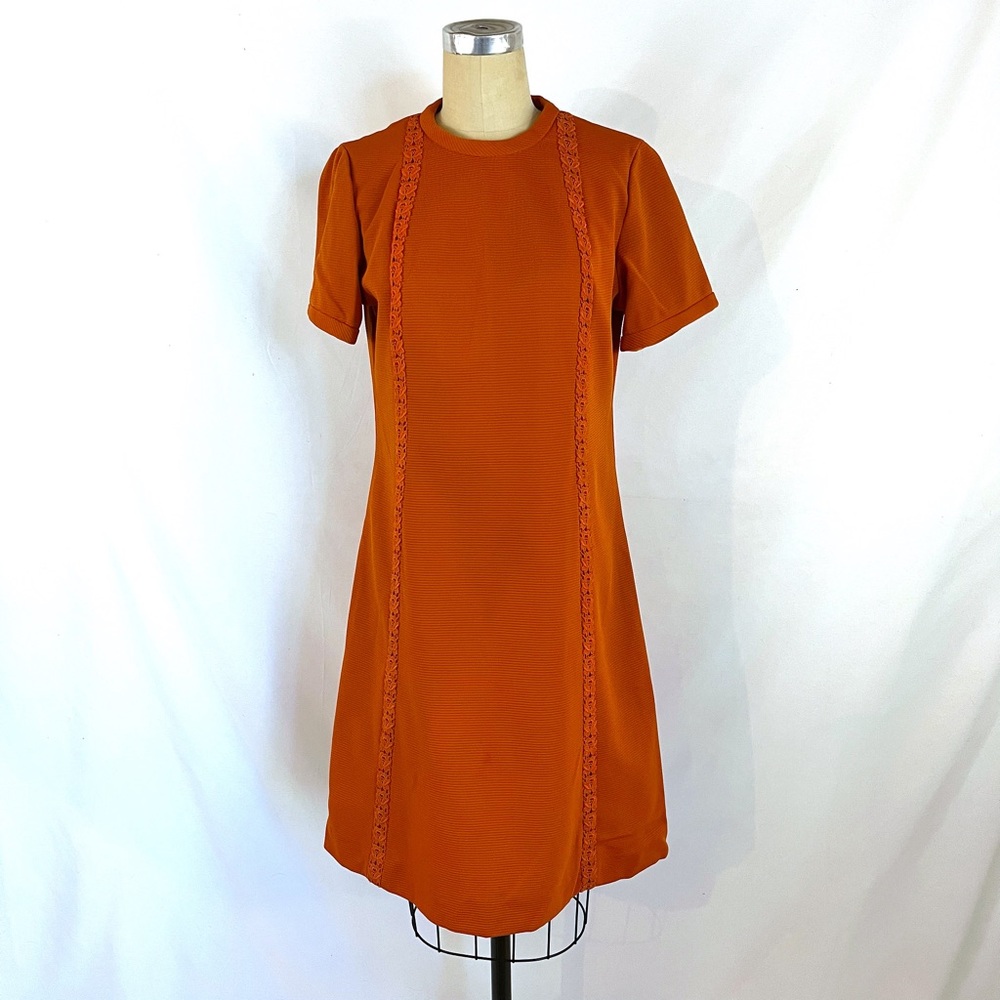 Vintage 60s 70s Orange Mod Dress Floral Appliqué Medium